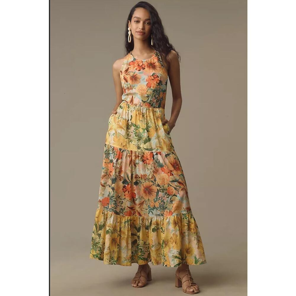Anthropologie Pilcro  Halter Tiered Maxi Dress Multicolor Size S NWT
